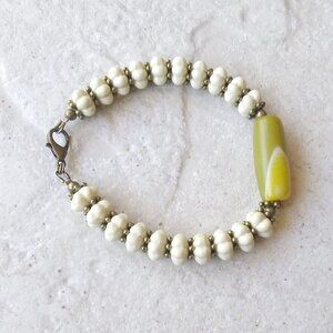 Unique Thick Chunky! One-of-a-kind Bracelet w. Green Agate + Cream Pumpkin Beads